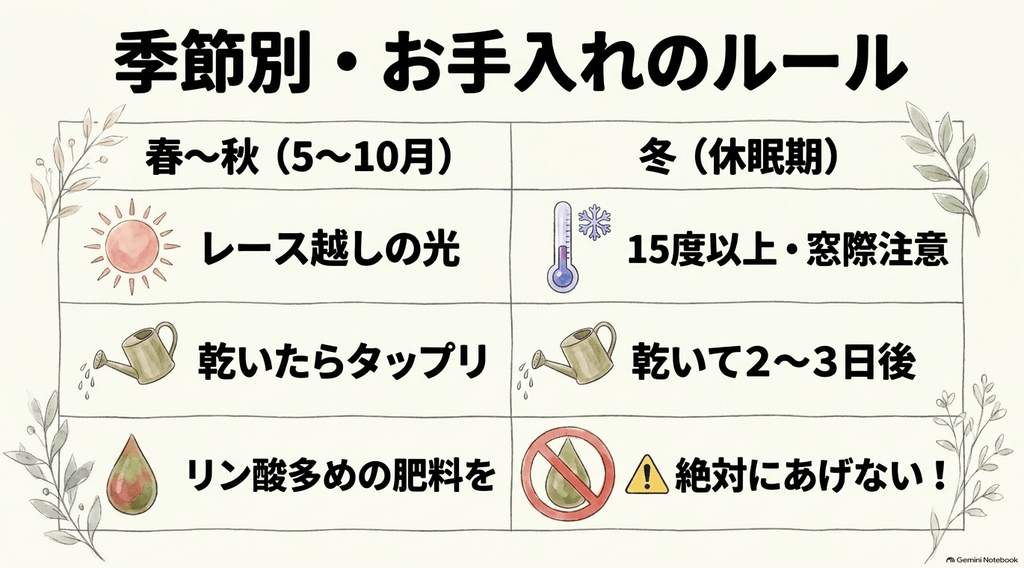 春から秋（5〜10月）と冬（休眠期）の季節別のお手入れルールを、光・水やり・肥料の3項目で比較解説した表形式のスライド