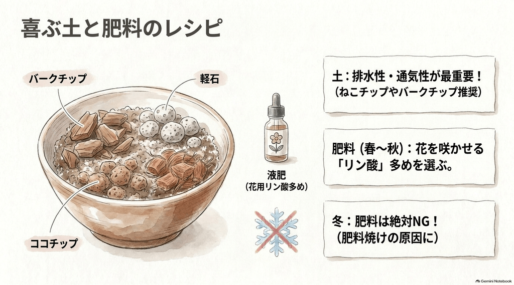 バークチップ、ココチップ、軽石がブレンドされた土が入ったボウルのイラストと液肥のイラスト。「排水性・通気性が最重要」「花を咲かせるリン酸多めを選ぶ」「冬の肥料は絶対NG」というテキスト。