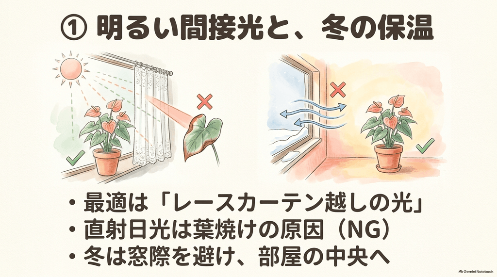 アンスリウムの光量と温度管理のイラスト。最適はレースカーテン越しの光であり、直射日光は葉焼けの原因になること、冬は窓際を避けて部屋の中央へ置くべきことを解説している。