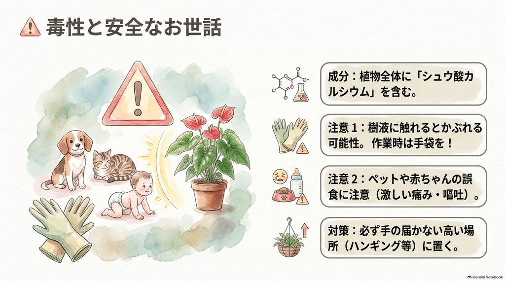 アンスリウムの鉢植えと、犬、猫、赤ちゃん、そしてゴム手袋のイラスト。「植物全体にシュウ酸カルシウムを含む」「作業時は手袋を」「ペットや赤ちゃんの誤食に注意し手の届かない高い場所へ」という注意喚起のテキスト。