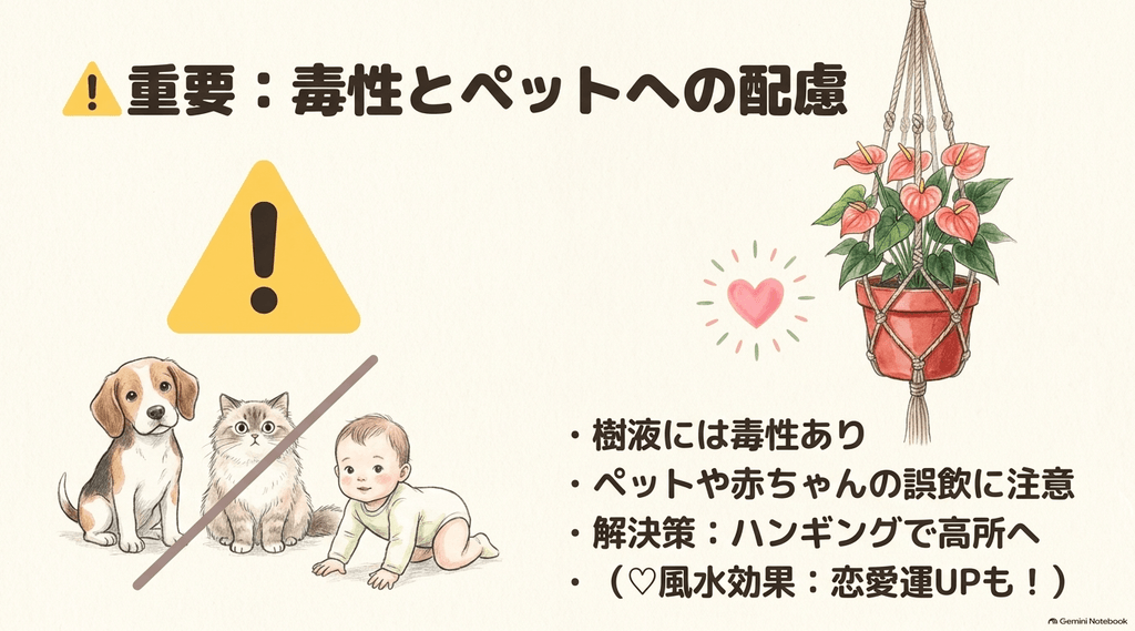 アンスリウムの毒性に関する注意喚起のイラスト。樹液には毒性がありペットや赤ちゃんの誤飲に注意が必要なため、解決策としてハンギングで高所へ置くことを推奨している。