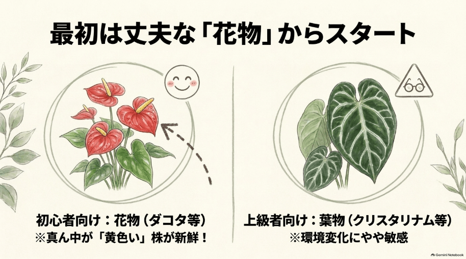 初心者向けの花物（ダコタ等）と上級者向けの葉物（クリスタリナム等）の違いを比較したイラスト。初心者には花物が推奨されている