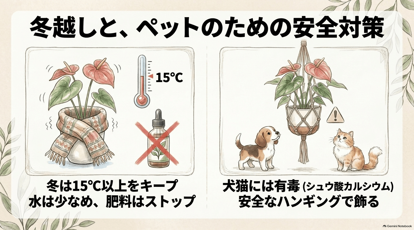 15℃以上を保つ冬越しのポイントと、有毒なシュウ酸カルシウムから犬や猫を守るためハンギングで飾る安全対策を解説したイラスト