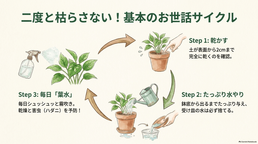 土が表面から2cmまで乾くのを確認してから鉢底から出るまでたっぷり水やりをし、乾燥やハダニ予防のために毎日葉水（霧吹き）を行うという基本のルーティンを描いたイラスト
