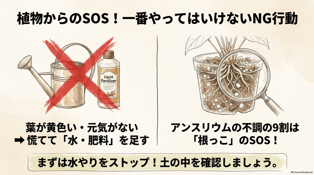 弱ったアンスリウムに対して、慌てて水やりをしたり液体肥料を与えたりするNG行動に赤いバツ印をつけ、まずは土の中の根をルーペで確認するよう促すイラスト