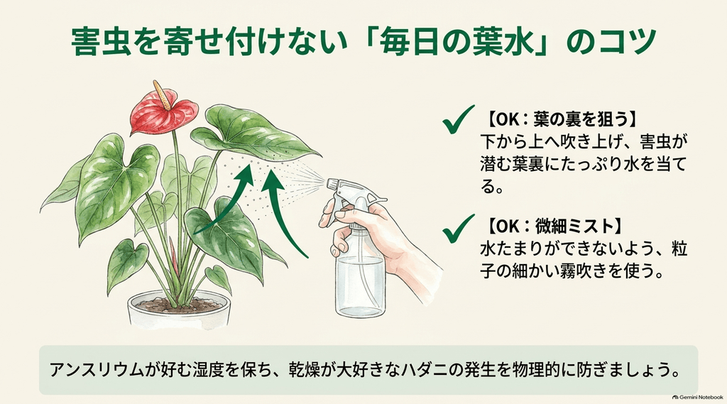アンスリウムへの効果的な葉水方法のイラスト。下から上へスプレーして害虫が潜む葉裏に水を当てること、水たまりができないように粒子の細かい微細ミストを使うポイントを解説した図解