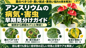 アンスリウムの病気や害虫の症状と原因を見分けるアイキャッチ画像。葉のベタつき(カイガラムシ)、黒や茶色の斑点(すす病・褐斑病)、白いかすれ(ハダニ)、葉全体の黄変(根腐れや環境要因)の4つの異変パターンとアンスリウムの鉢植えが描かれています。
