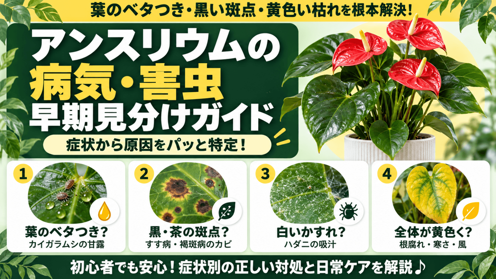 アンスリウムの病気や害虫の症状と原因を見分けるアイキャッチ画像。葉のベタつき(カイガラムシ)、黒や茶色の斑点(すす病・褐斑病)、白いかすれ(ハダニ)、葉全体の黄変(根腐れや環境要因)の4つの異変パターンとアンスリウムの鉢植えが描かれています。