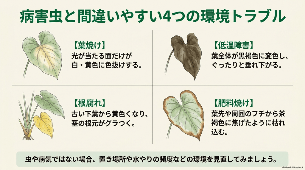 アンスリウムの環境ストレスによる4つの症状比較図。葉焼け(日光が当たる面の色抜け)、低温障害(寒さによる黒褐色化と萎れ)、根腐れ(下葉の黄変と茎のグラつき)、肥料焼け(葉先やフチの焦げたような枯れ込み)の違いを示したイラスト