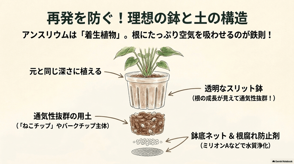 透明なスリット鉢を使用し、通気性抜群のバークチップ主体の用土や、鉢底ネットと根腐れ防止剤を入れた、着生植物であるアンスリウムに最適な鉢の構造を示すイラスト