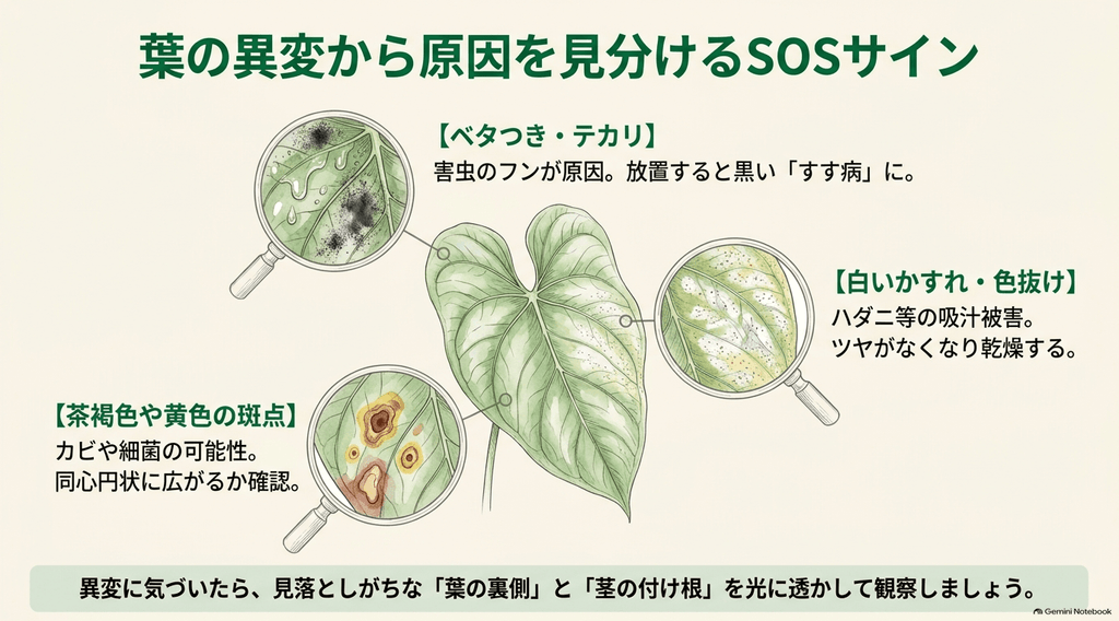 アンスリウムの葉に現れる3つの異変サインの図解。ベタつきやテカリ(害虫のフンやすす病)、白いかすれや色抜け(ハダニの吸汁被害)、茶褐色や黄色の斑点(カビや細菌の病気)の症状と、葉裏や茎の付け根を観察するポイントをまとめたイラスト