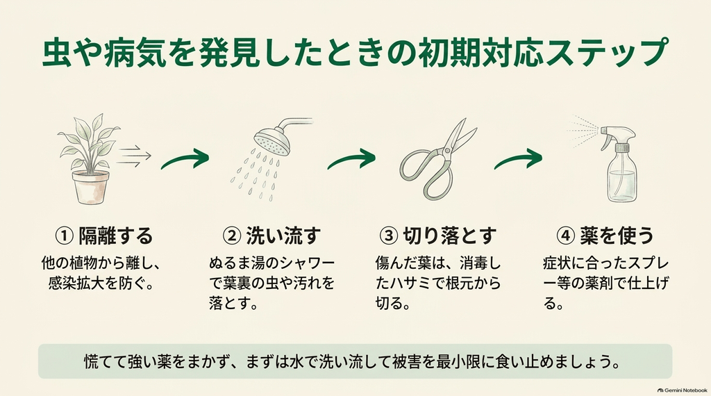 アンスリウムの病害虫被害を食い止める4ステップの図解。1.他の植物から隔離する、2.ぬるま湯のシャワーで葉裏を洗い流す、3.傷んだ葉を消毒バサミで根元から切り落とす、4.症状に合ったスプレー薬を使う、の順序を示したイラスト