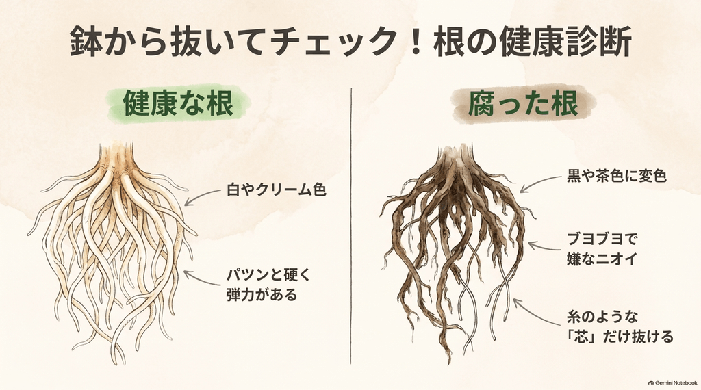 白やクリーム色で弾力がある健康な根と、黒や茶色に変色してブヨブヨになり、嫌なニオイがして糸のような芯だけが抜けてしまう腐った根の違いを比較したイラスト