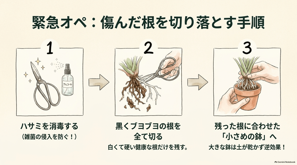 アルコールでハサミを消毒する手順、黒く腐った根をすべて切り落とす手順、白く健康な根だけを残して小さめの鉢に植え替える手順の3ステップを解説したイラスト
