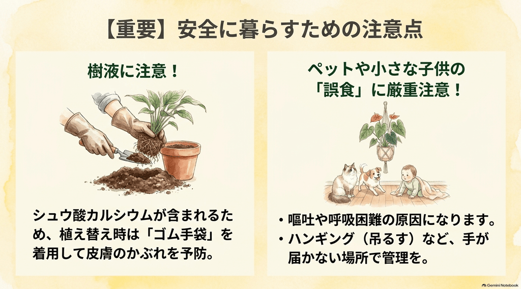 樹液によるかぶれを防ぐため植え替え時にゴム手袋を着用する様子と、ペットや小さな子供の誤食を防ぐためにアンスリウムをハンギングにして手の届かない場所で管理しているイラスト