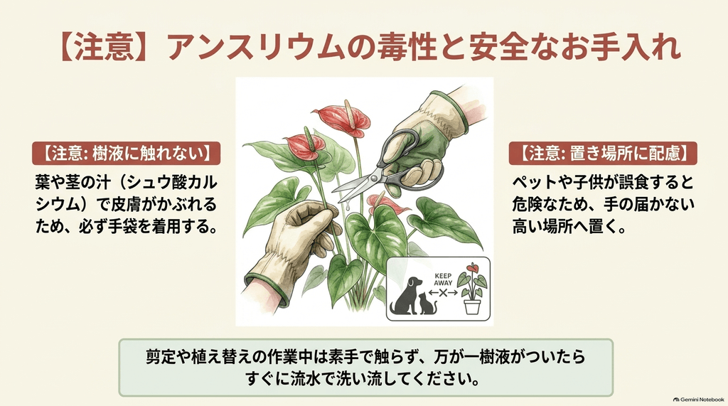 アンスリウムをお手入れする際の安全対策イラスト。樹液(シュウ酸カルシウム)による皮膚のかぶれを防ぐための手袋着用と、ペットや子どもの誤食を防ぐために手の届かない高い場所へ置く注意点をまとめた図解
