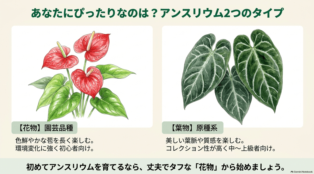 アンスリウムの花物（園芸品種）と葉物（原種系）のそれぞれの特徴をまとめた比較図