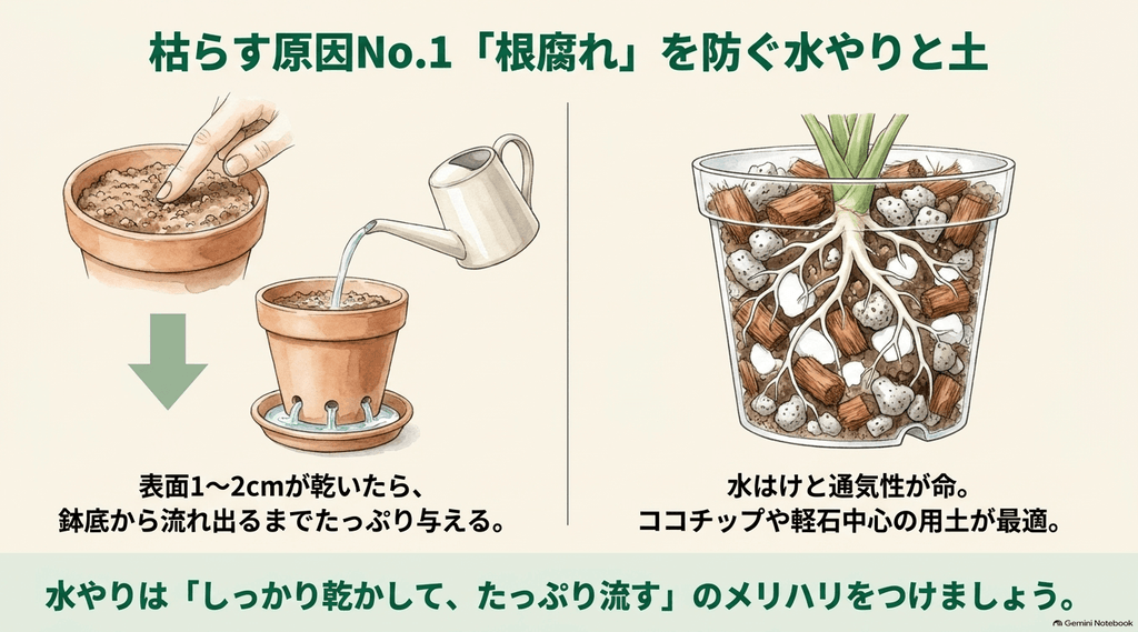 土の表面が乾いたことを確認してたっぷり水やりをする様子と、ココチップや軽石中心の用土の断面図