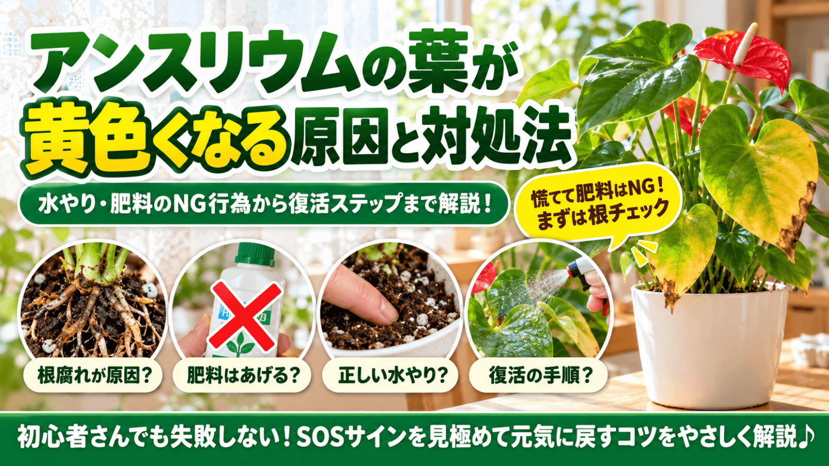 アンスリウムの葉が黄色くなる原因と対処法。根腐れの確認や正しい水やりなど復活ステップを解説するアイキャッチ画像
